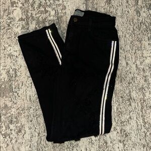Vibrant MIU Black Distressed Pants with Reflective Rhinestone Stripes size 7/W27